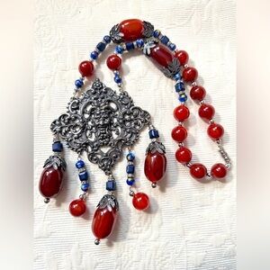 OOAK CARNELIAN AGATE BEAD NECKLACE RED STONES BEAD CAPS MEDUSA MEDALLION 5498